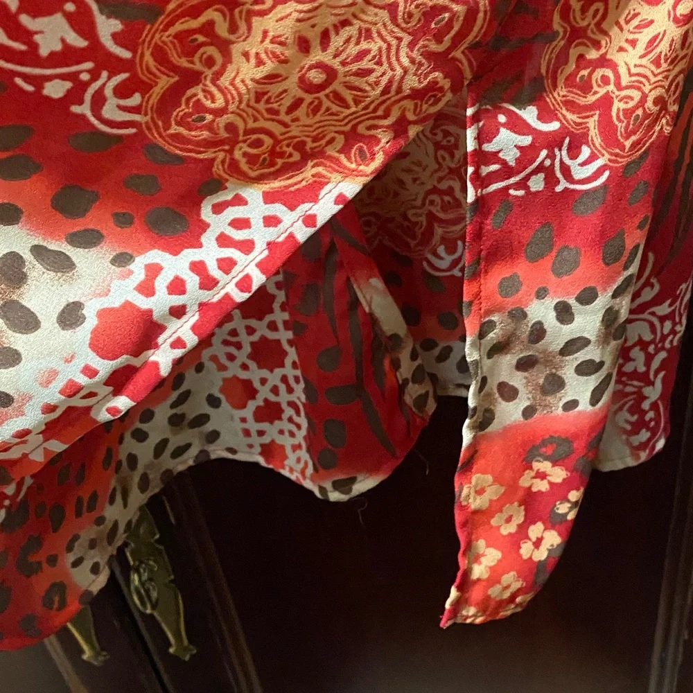 Maggie Barnes Vibrant Red, Cream, brown and Orange Patterned size 32W duster